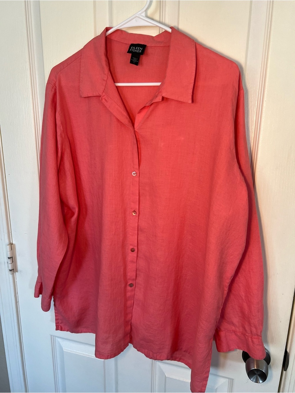 Eileen Fisher 100% Irish Linen Button Front Shirt Large Coral Long Sleeve - Picture 7 of 9